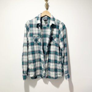 Vintage Hot Topic 90s Plaid Flannel Shirt Size Medium Large Y2K Green Cotton